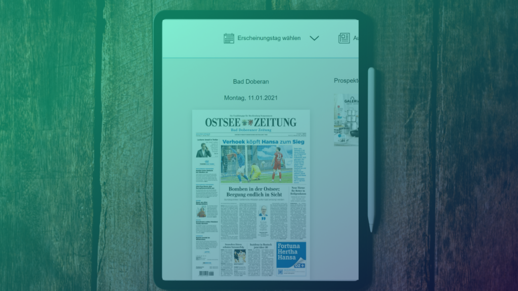 Die Ostsee-Zeitung als E-Paper. Foto Kelly Sikkema, Montage: Medieninsider